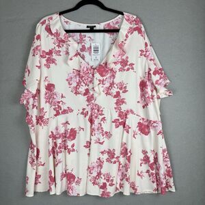 Torrid Ruffle‎ Coquette Cream And Pink Blouse Size 4 Floral V Neck Feminine NWT